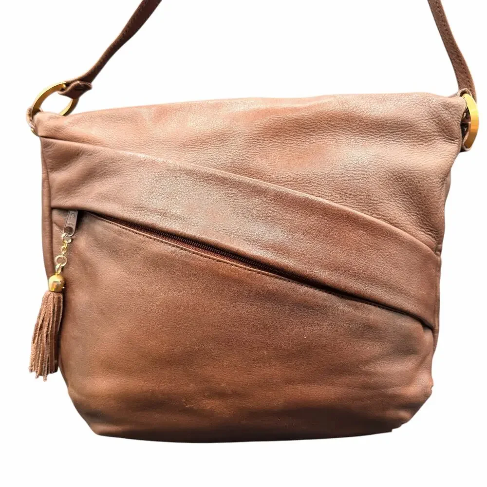 Lord & Taylor Brown Leather Shoulder Bag Slouchy Hobo Zip Tassel